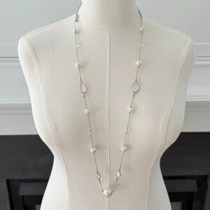 Long Silver Chain Necklace wl Faux Pearls & Clear Oval Crystals 💎